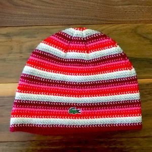 Lacoste red pink white strip beanie